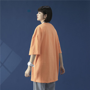 T100-P15   夏季新款宽松百搭纯色圆领短袖T恤男女休闲上衣 桔色图片