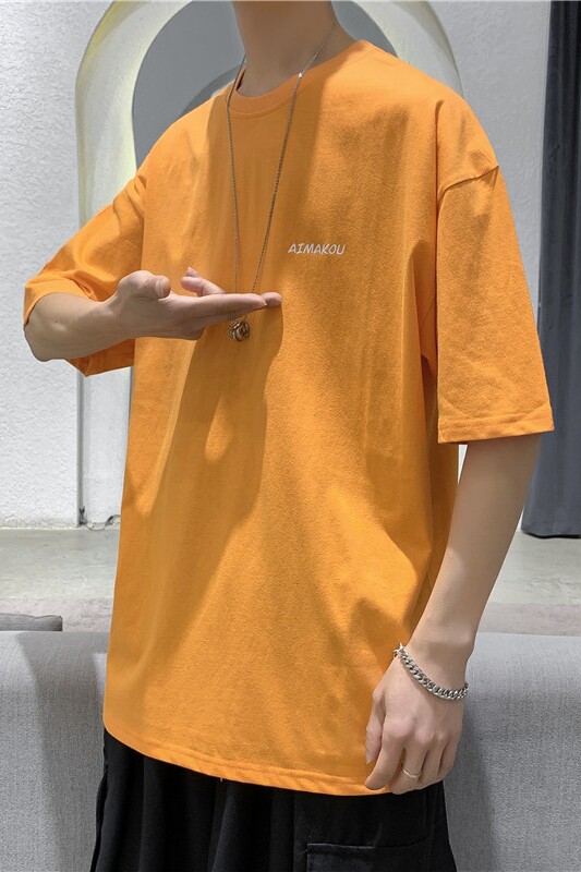 T101夏季糖果色印花短袖T恤男士潮流半袖上衣桔色,男装T恤,电商B369（原A024）