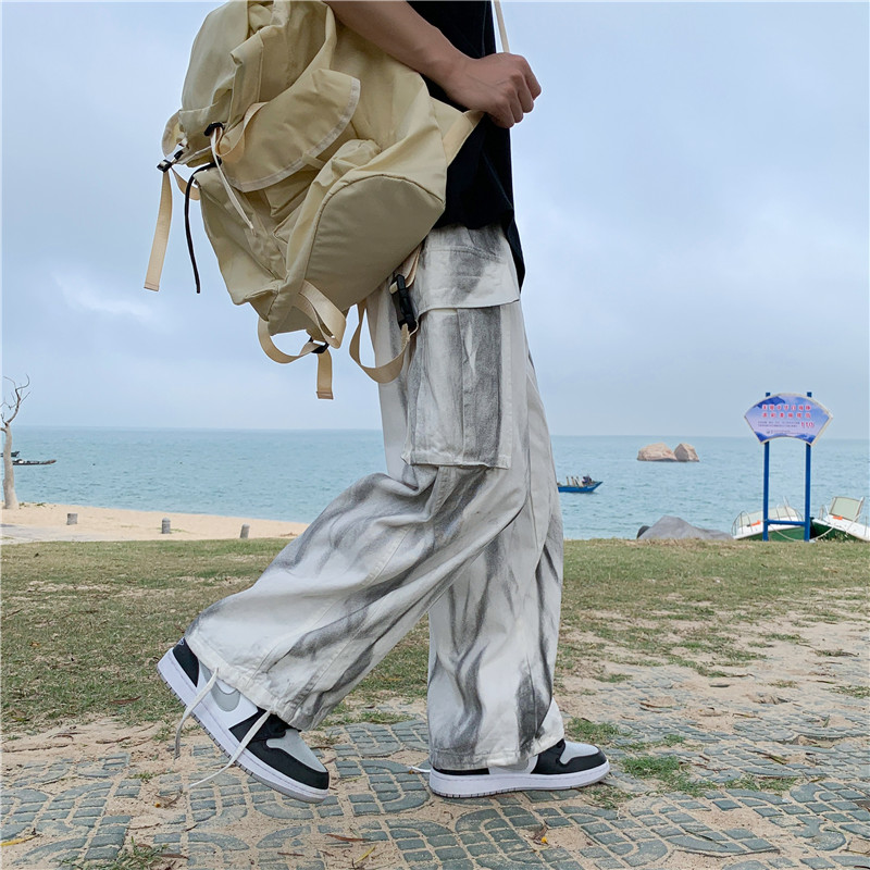 夏季新款泼墨拖地裤男宽松直筒阔腿工装长裤子,男装休闲裤,电商B369（原A024）