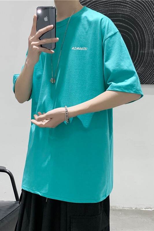 T101夏季男士印花短袖T恤男港风宽松百搭打底衫青色,男装T恤,电商B369（原A024）