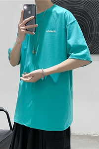 T101   夏季男士印花短袖T恤男港风宽松百搭打底衫  青色图片