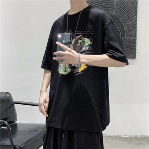 T112短句夏季男士宽松潮流半袖T恤青春流行印花圆领短袖,王丽坤服装搭配白色图片