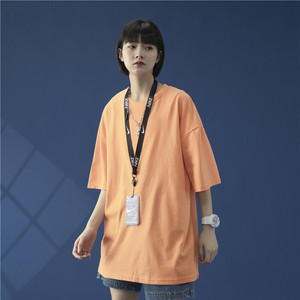 T100-P15   夏季新款宽松百搭纯色圆领短袖T恤男女休闲上衣 桔色图片