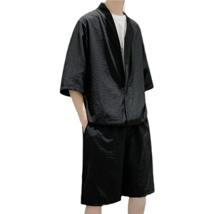 TZ01-P65   夏季男士V领短袖七分袖T恤运动套装大码短裤冰丝透气图片