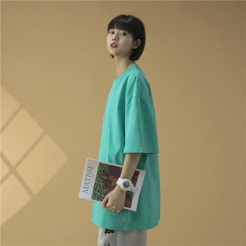 T100夏季新款圆领短袖T恤男女宽松百搭半袖打底衫青色,男装T恤,电商B369（原A024）