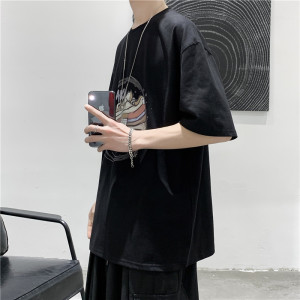 T104   短句 2021夏季新款印花短袖T恤男宽松潮流纯棉打底衫图片