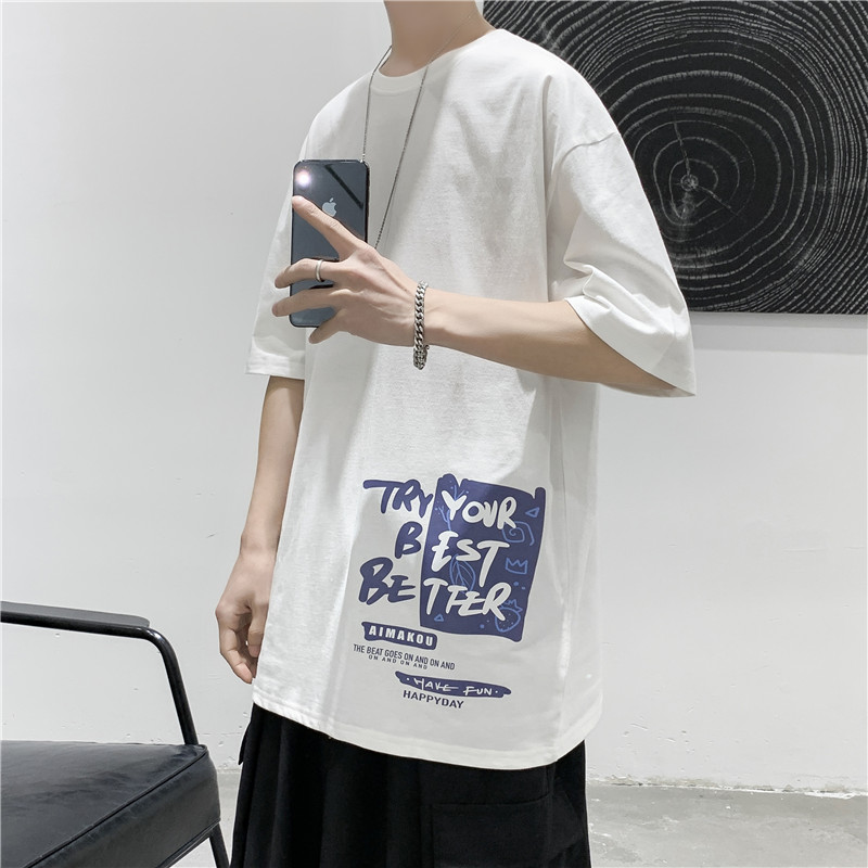 T107  短句 夏季新款字母印花短袖T恤男宽松休闲圆领体恤图片