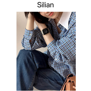 miu系小蓝格｜免熨烫高支匹马棉｜撞色翻领衬衫｜女春夏宽松开衫