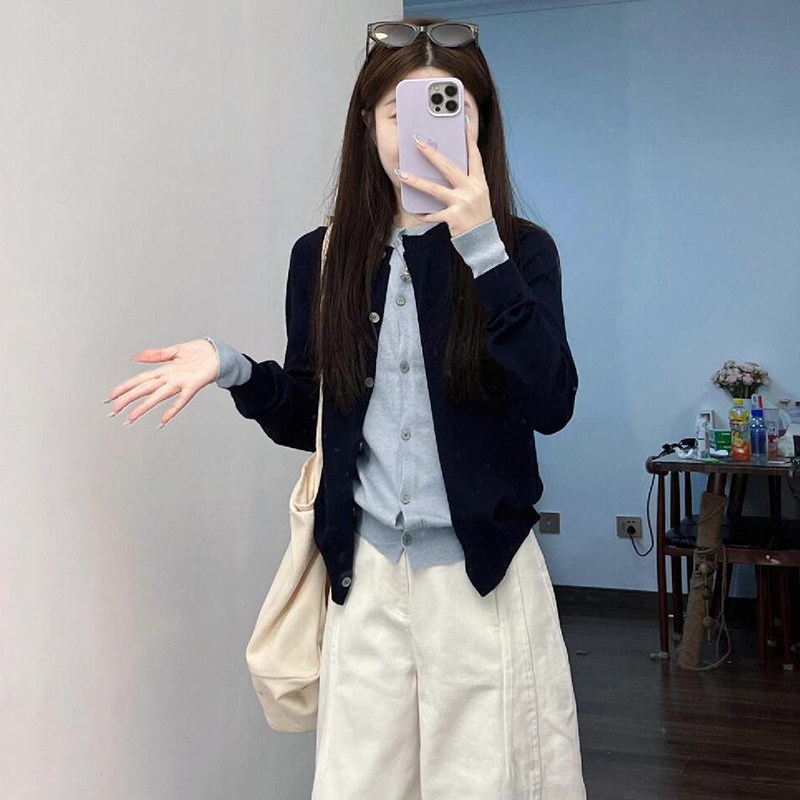 韩系撞色拼接假两件毛衣开衫女秋季新款百搭宽松上衣显瘦针织外套