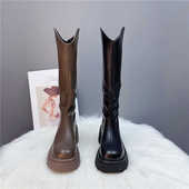 赵露拉德思同款 真皮长筒靴女靴子高筒骑士增高6cm马蹄靴女机车靴