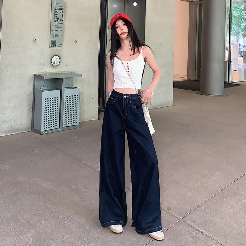 2025新款美式深蓝阔腿牛仔裤女宽松显瘦慵懒风百搭垂感拖地牛仔裤