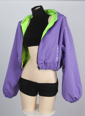 【十六夜工坊】“赛博秘客”宽松紫色绿色连帽双面短夹克套装