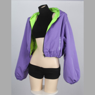 【十六夜工坊】“赛博秘客”宽松紫色绿色连帽双面短夹克套装