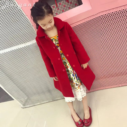 一折！高端童装儿童秋冬女童外套棉服长款红色夹棉羊毛呢子大衣