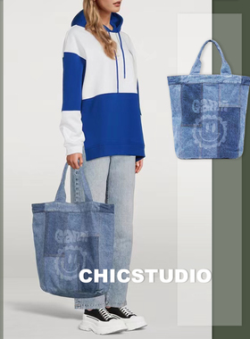 【清仓秒发】ganni春夏新款笑脸印花大容量牛仔托特包单肩手提包