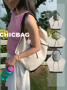 韩国人气帆布拼皮大容量托特包ym同款小众设计时尚通勤单肩腋下包