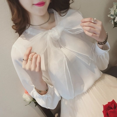 2018新款女装春装甜美蝴蝶结欧根纱雪纺衫女韩版衬衫长袖打底上衣