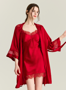 GP春夏新款19姆米蕾丝镂空真丝睡袍红色新娘晨袍中袖桑蚕丝睡衣女