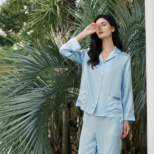 女桑蚕丝收腰睡衣家居服修身高端