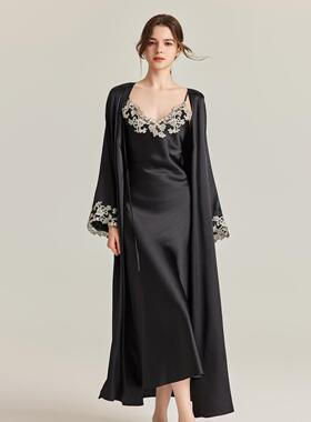 真丝镂空花边性感睡袍女100%桑蚕丝系带浴袍2025春新款睡衣家居服