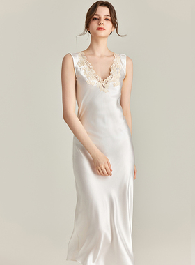 LP白色maison手工蕾丝刺绣真丝睡裙女四季性感V领连衣裙新娘睡衣
