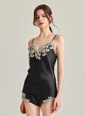 2025新款春秋真丝吊带睡裙桑感蕾丝V领露背蚕丝性睡衣女短裤套装