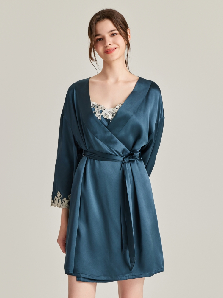 蕾丝刺绣重磅100%桑蚕丝睡衣睡袍