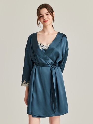 蕾丝刺绣重磅100%桑蚕丝睡衣睡袍