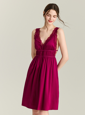 22姆米法式宫廷风性感露背真丝吊带睡裙公主蕾丝玫红丝绸家居服夏