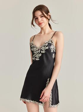 真丝性感吊带短款睡衣女2025春季新款蕾丝刺绣花边内搭睡裙家居服