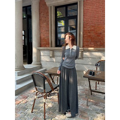 WANNANKE 法式时髦 拼色气质半开胸翻领显瘦套头针织衫