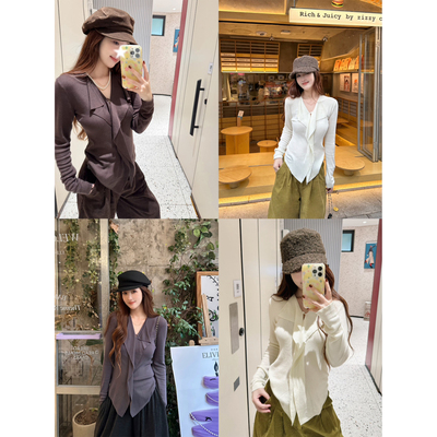 WANNANKE 遗忘心跳 高级感天丝莱赛尔修身荷叶边v领针织衫