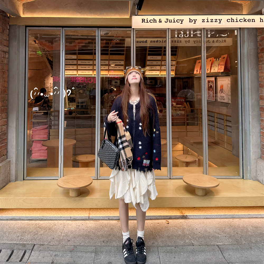 WANNANKE 街拍艺术家 立体剪裁不规则荷叶边蕾丝拼接松紧腰半身裙