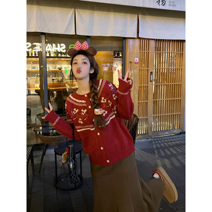 WANNANKE 圣诞宽松圆领提花针织开衫女冬季休闲无袖毛衣马甲背心