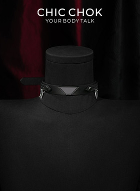 CHICCHOK旧械凌牌牛皮项圈双层choker尖钉吊坠黑色欧美原创定制