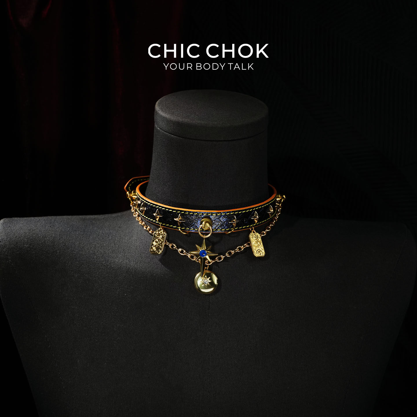 CHICCHOK塔罗牌项圈真皮原创颈圈项链金色四角星铆钉吊坠女choker
