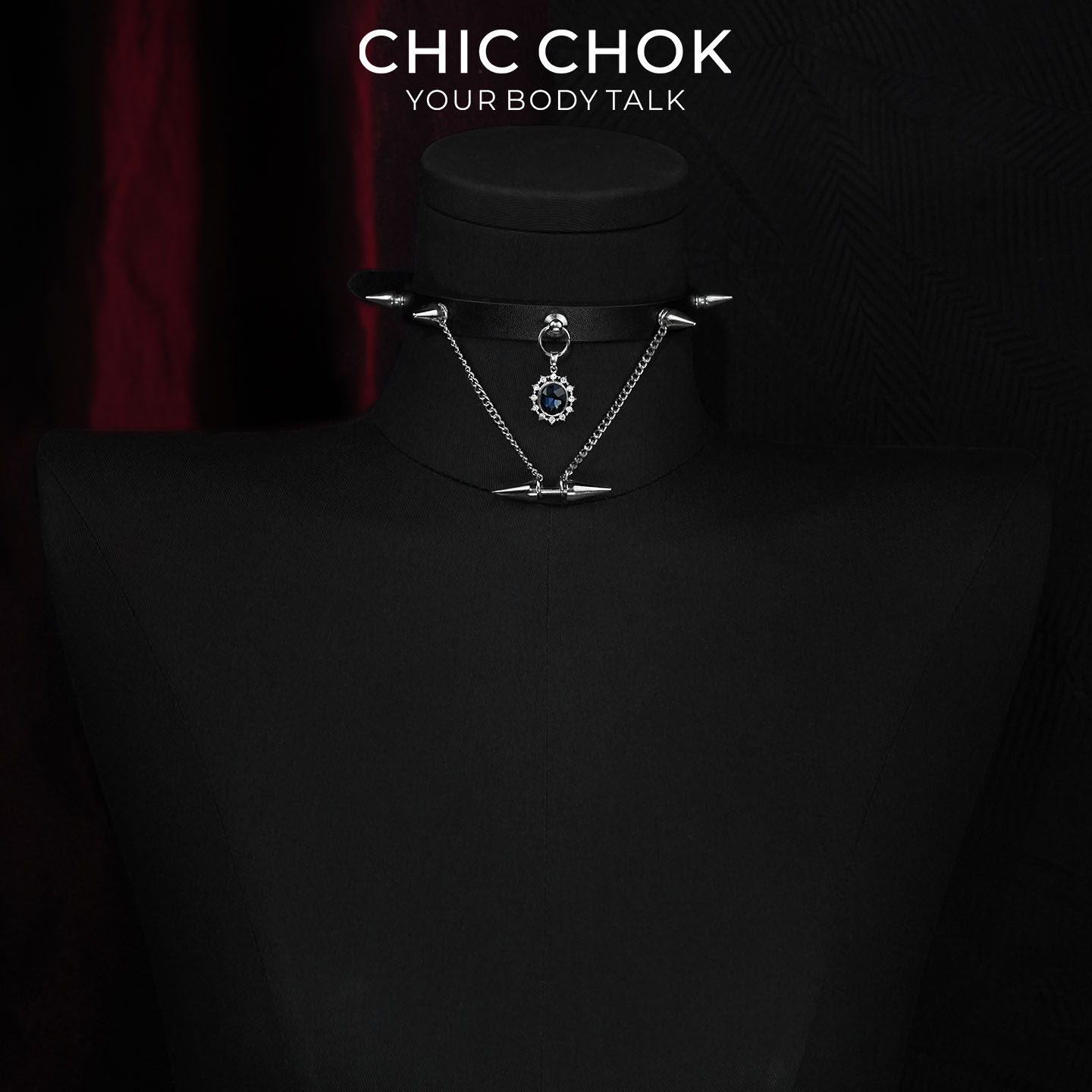 CHICCHOK暗月圣痕项圈尖刺铆钉吊坠蓝宝石朋克欧美原创choker项链