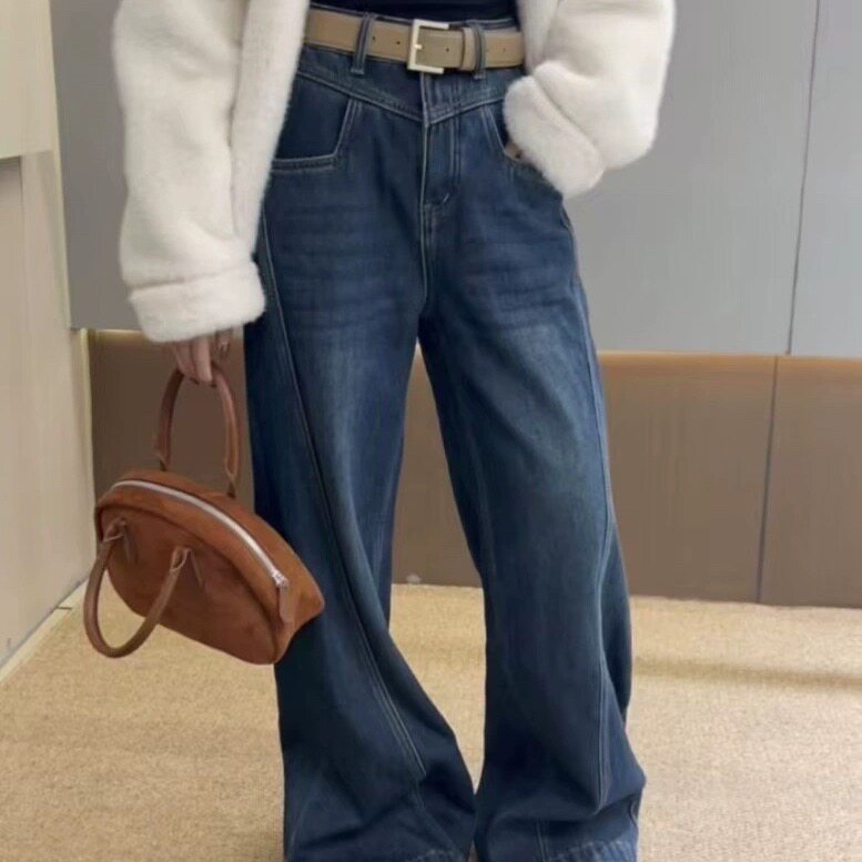 JEANS0886 复古加绒加厚高腰牛仔裤女宽松直筒阔腿弯刀裤MV.AOAO