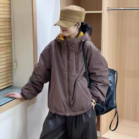 KK6651连帽短款冲锋衣棉衣女秋冬韩版宽松显瘦工装夹克百搭外套潮