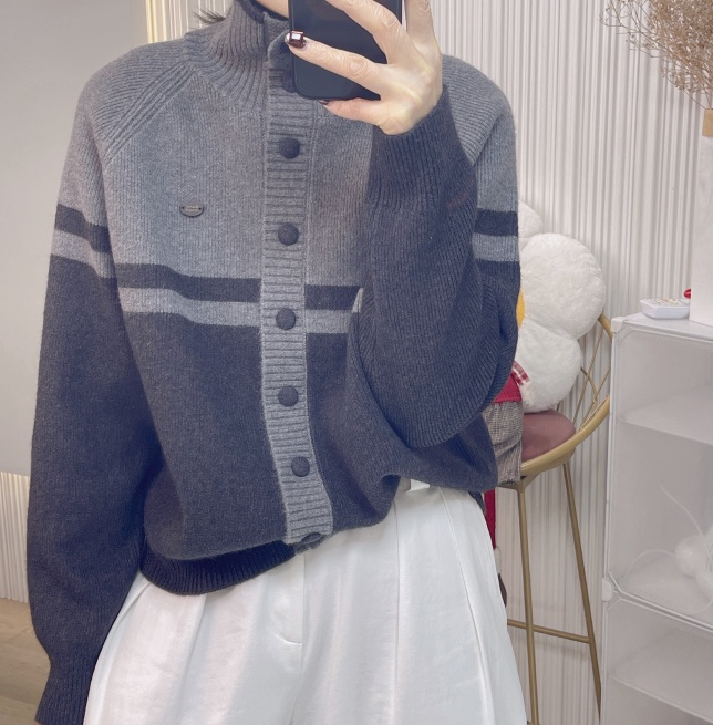 360153秋冬新款韩版宽松显瘦百搭撞色拼接针织开衫女毛衣外套上衣