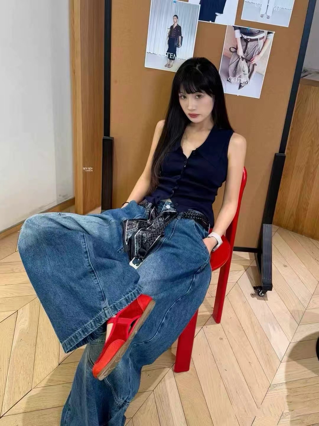 JEANS0855丝巾腰带牛仔裤女韩版百搭休闲弯刀裤时尚阔腿裤MV.AOAO
