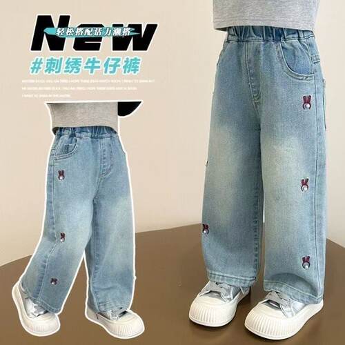 女童兔子刺绣牛仔阔腿裤