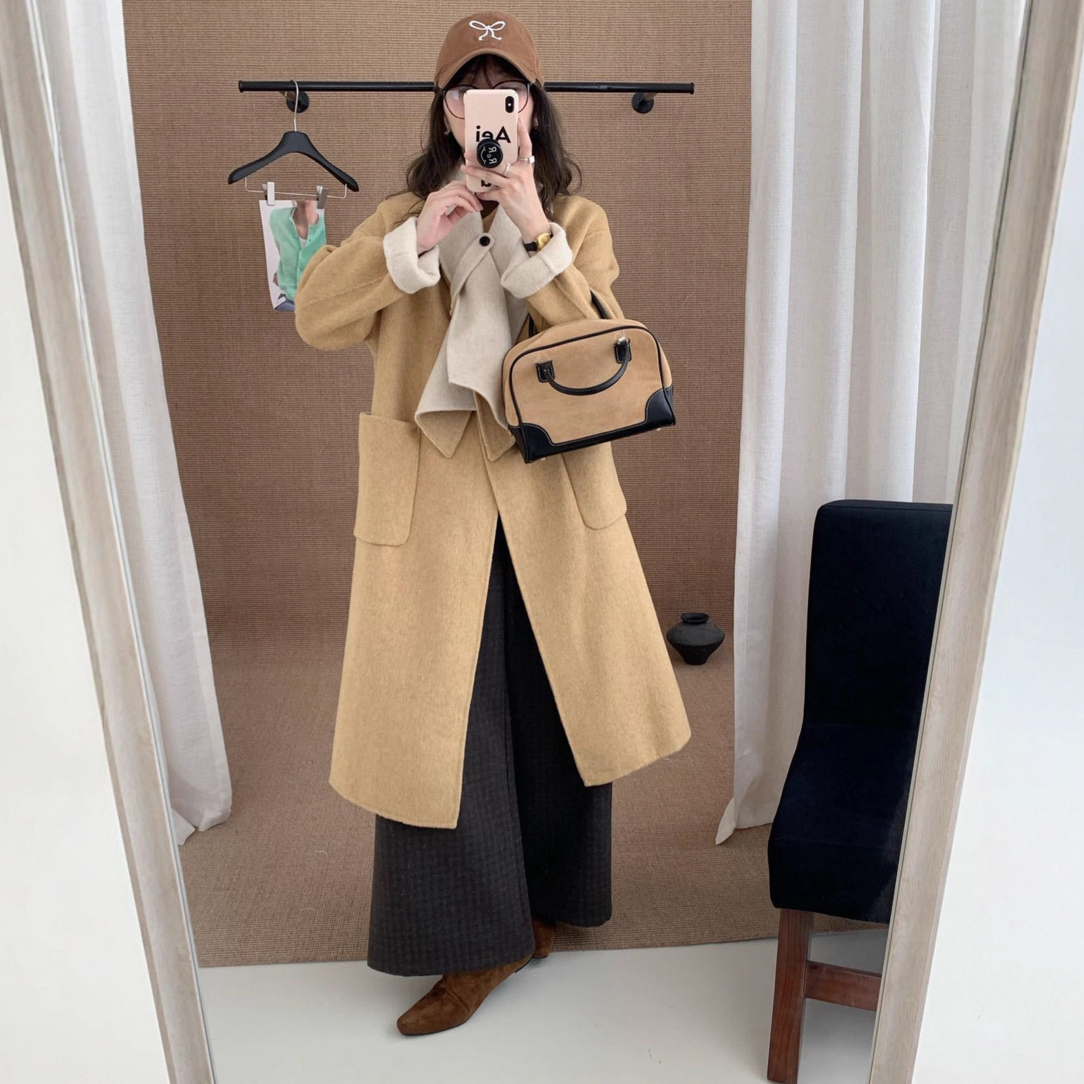 韩版围巾领双面羊绒大衣女2025秋冬新款双面双色长款过膝羊毛外套