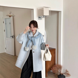 2025年冬季新款针织连帽羊绒大衣女短款小个子双面呢羊毛外套加厚