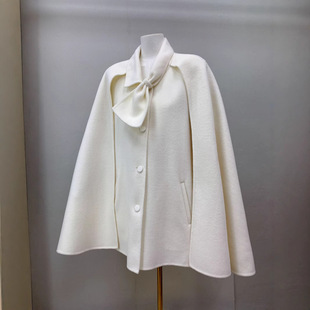 双面羊毛呢大衣中长款淑女白色千金风蝴蝶结斗篷新中式外套秋冬新