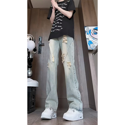 美式复古牛仔裤男春季破洞设计感