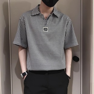 夏装 T恤2025新款 男士 上衣POLO衫 男夏季 千鸟格短袖 潮牌痞帅V领半袖