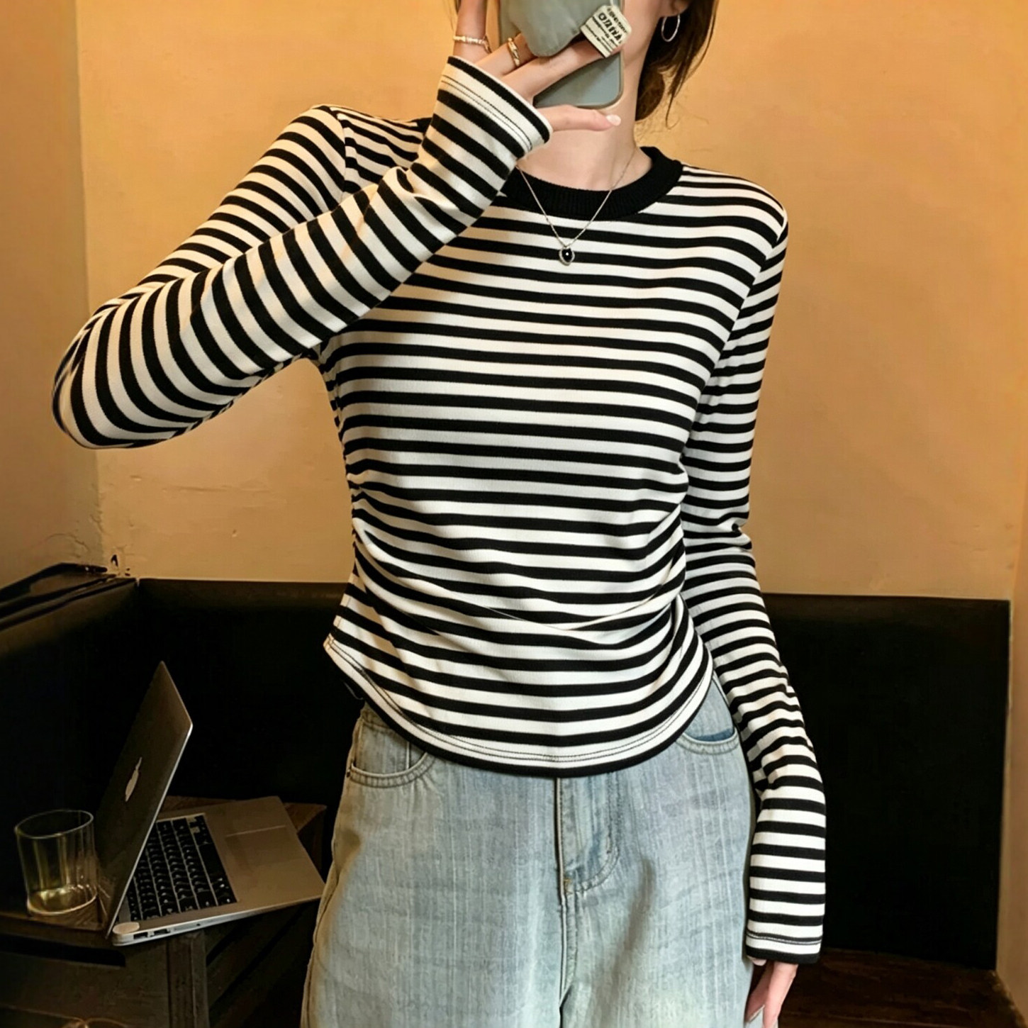 大码紧身显瘦黑白条纹长袖T恤女收腰打底衫春秋季穿搭熟女风上衣