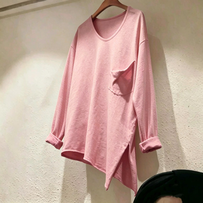 大码宽松中长款半包臀磨毛加厚蜜粉色开叉t恤女长袖独特漂亮上衣