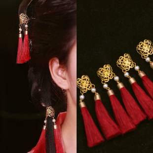 发扣古风汉服头饰红色流苏发环扎高马尾夹束发小配饰宋制发圈小扣